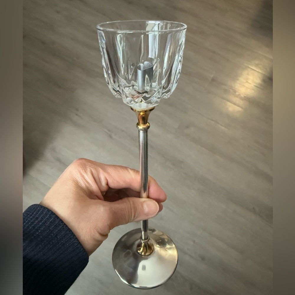 Vintage Argente Italy Silverplated Brass and Crystal Candlestick Holder
